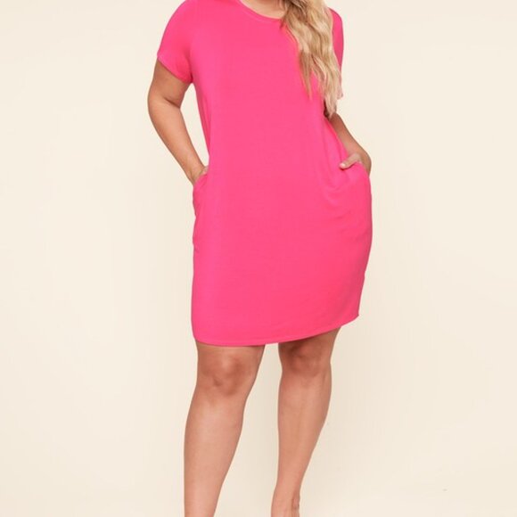 Classic Summer Jersey Dress w/ Pockets - Fuschia - Picture 3 of 3